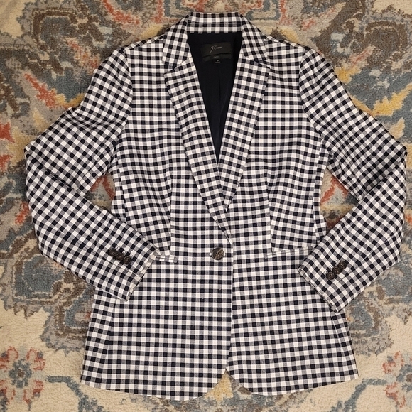 J. Crew Gingham Parke Blazer Jacket Navy Blue White Check Women's Size 0 L1908 - Picture 4 of 13